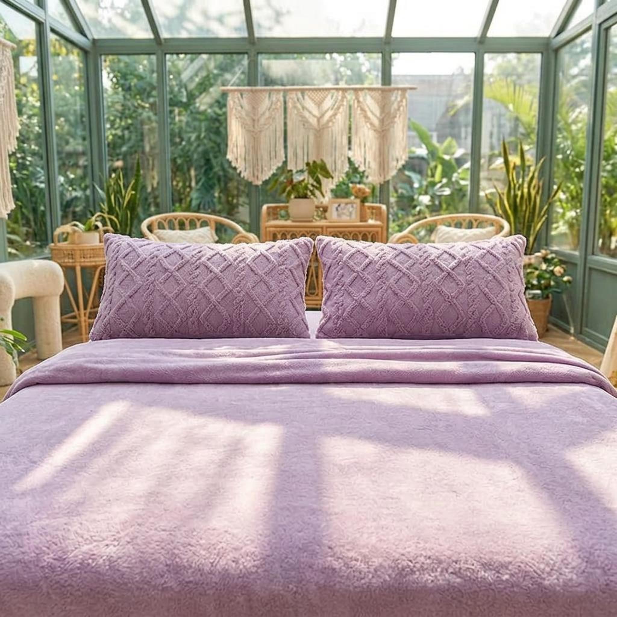 Two plush lavender textured velvet pillowcases with a diamond pattern on a bed in a sunroom.