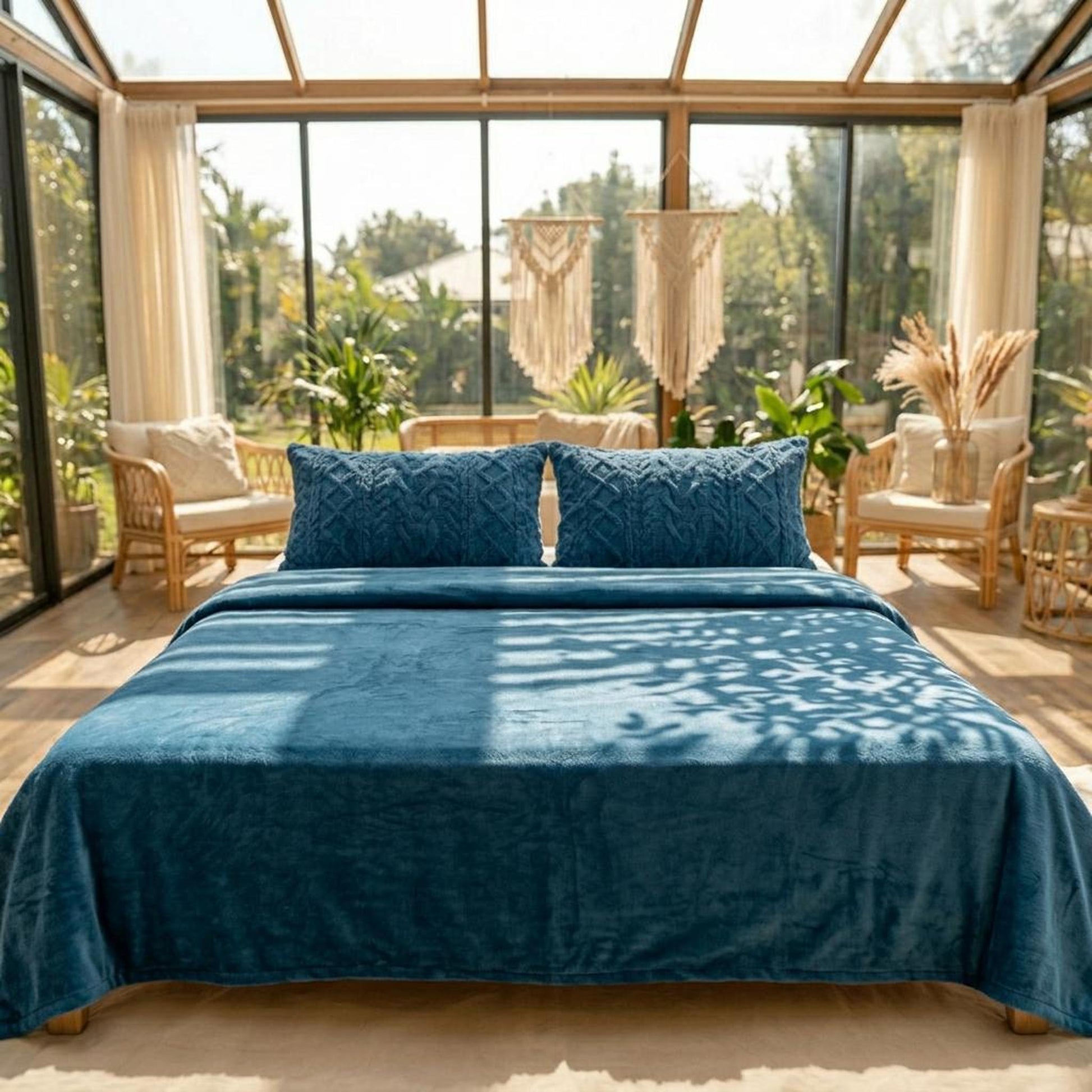 Two blue textured velvet pillowcases on a bed with a matching blanket in a bright, plant-filled room.