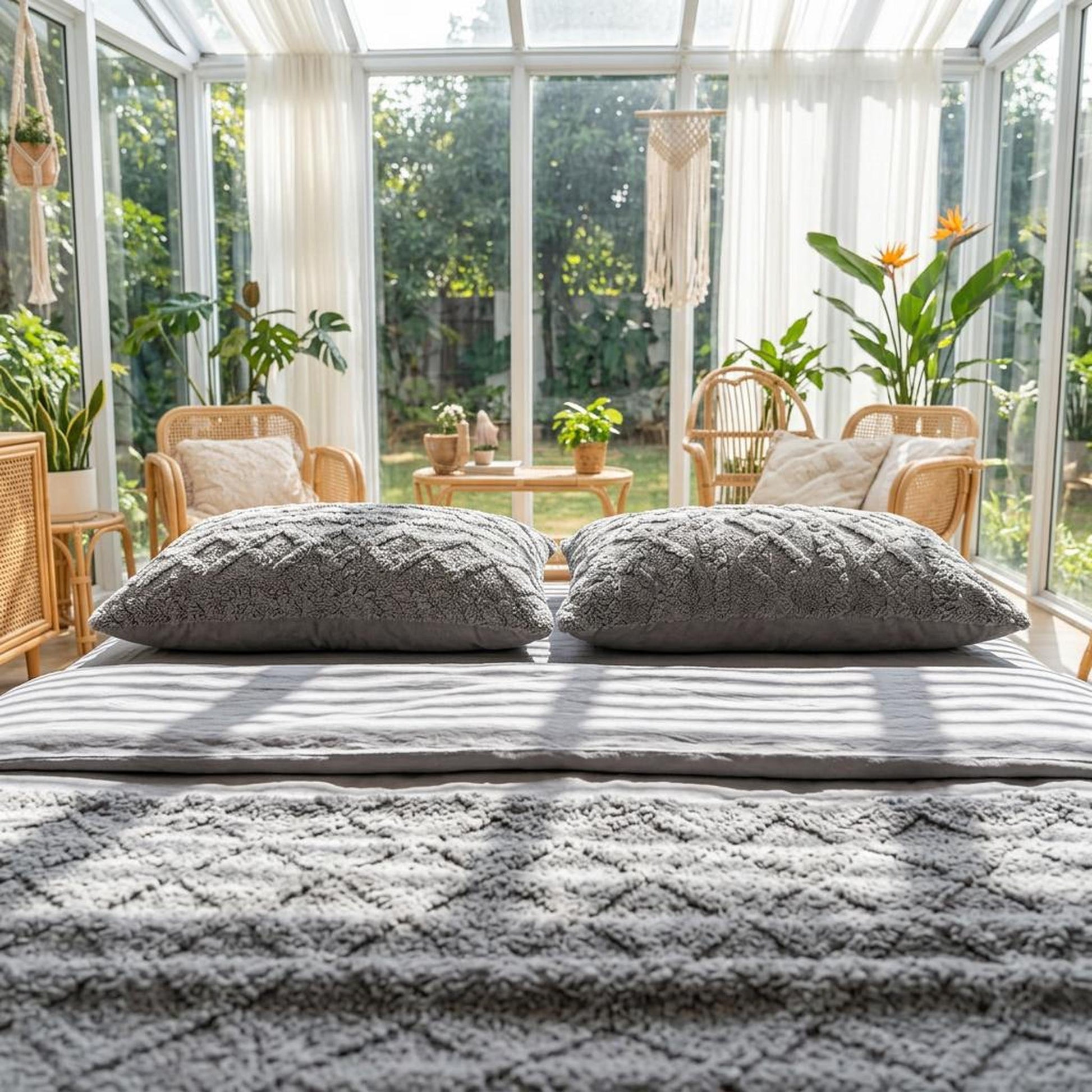 Two grey textured velvet pillowcases on a bed in a bright sunroom with plants and wicker furniture.