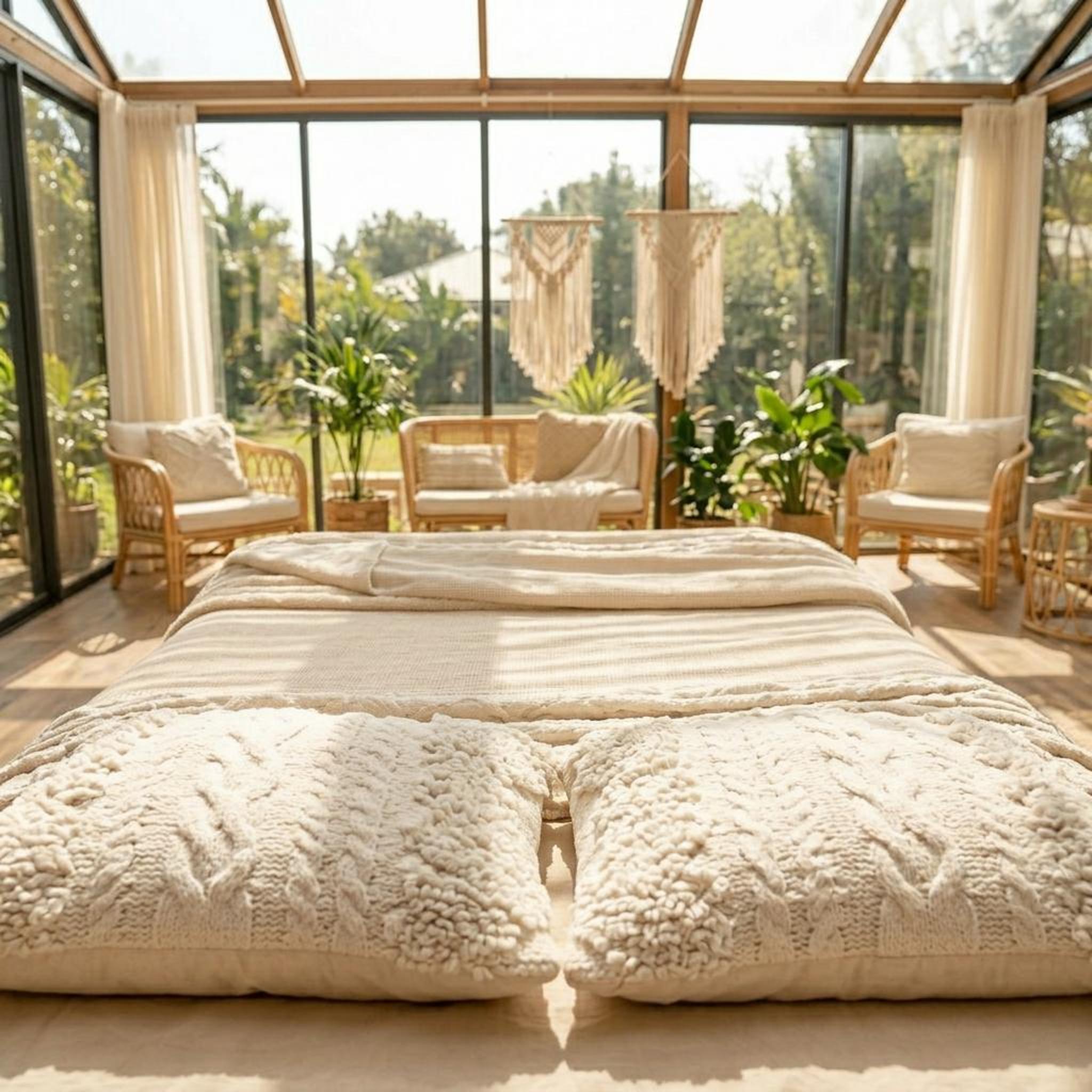 Two cream-colored, cable-knit textured velvet pillowcases on a bed in a sunlit room.