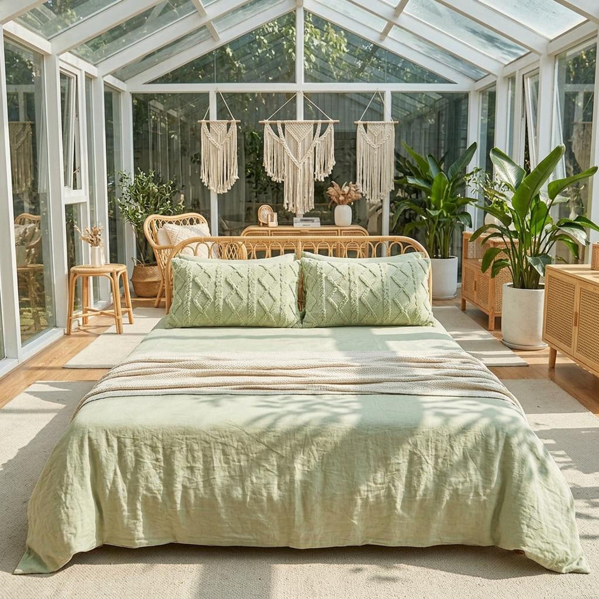 Two light green textured velvet pillowcases on a bed in a bright sunroom with plants.