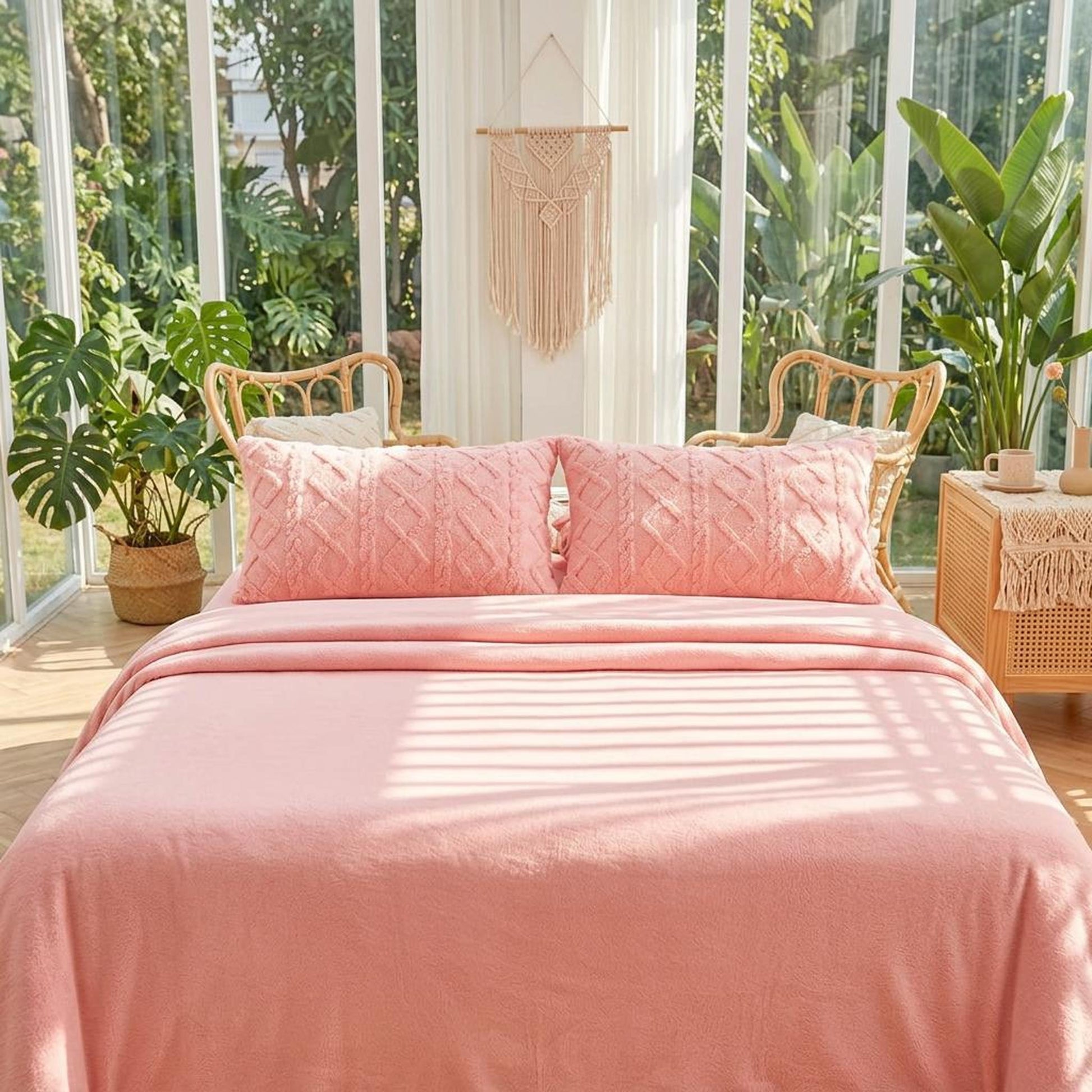Two soft pink textured velvet pillowcases on a bed with a matching blanket in a bright, plant-filled room.