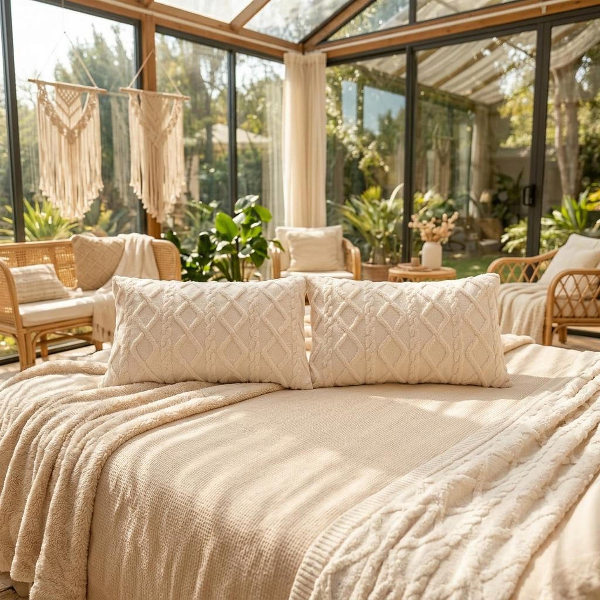 Two cream textured velvet pillowcases with a diamond pattern on a bed in a sunlit room.