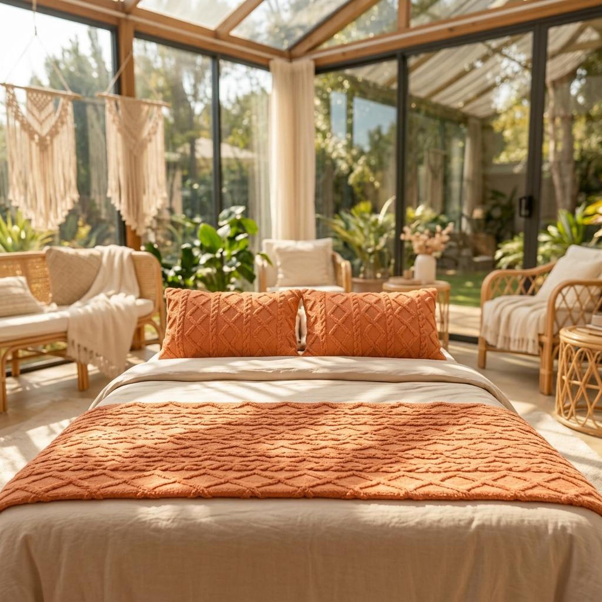 Two orange textured velvet pillowcases on a bed in a sunlit room.