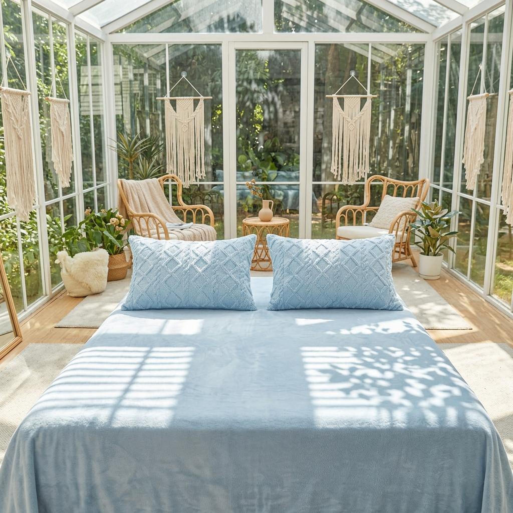 Light blue textured velvet pillowcases on a bed in a bright sunroom with rattan chairs.