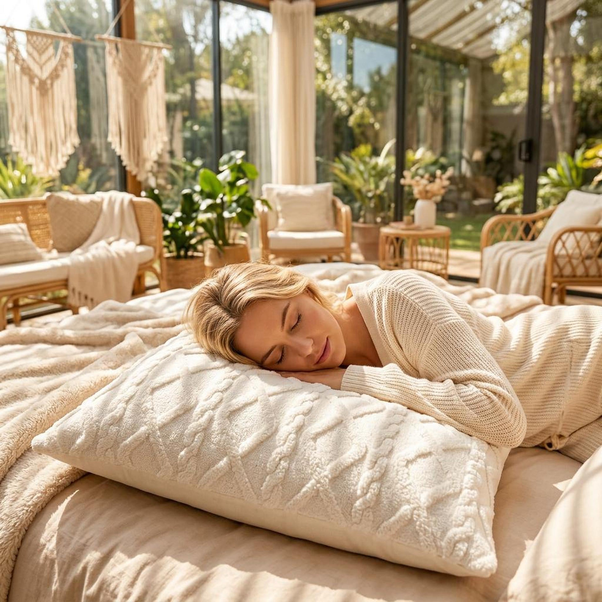 Blonde woman sleeping on a cream textured velvet pillowcase in a sunlit room.