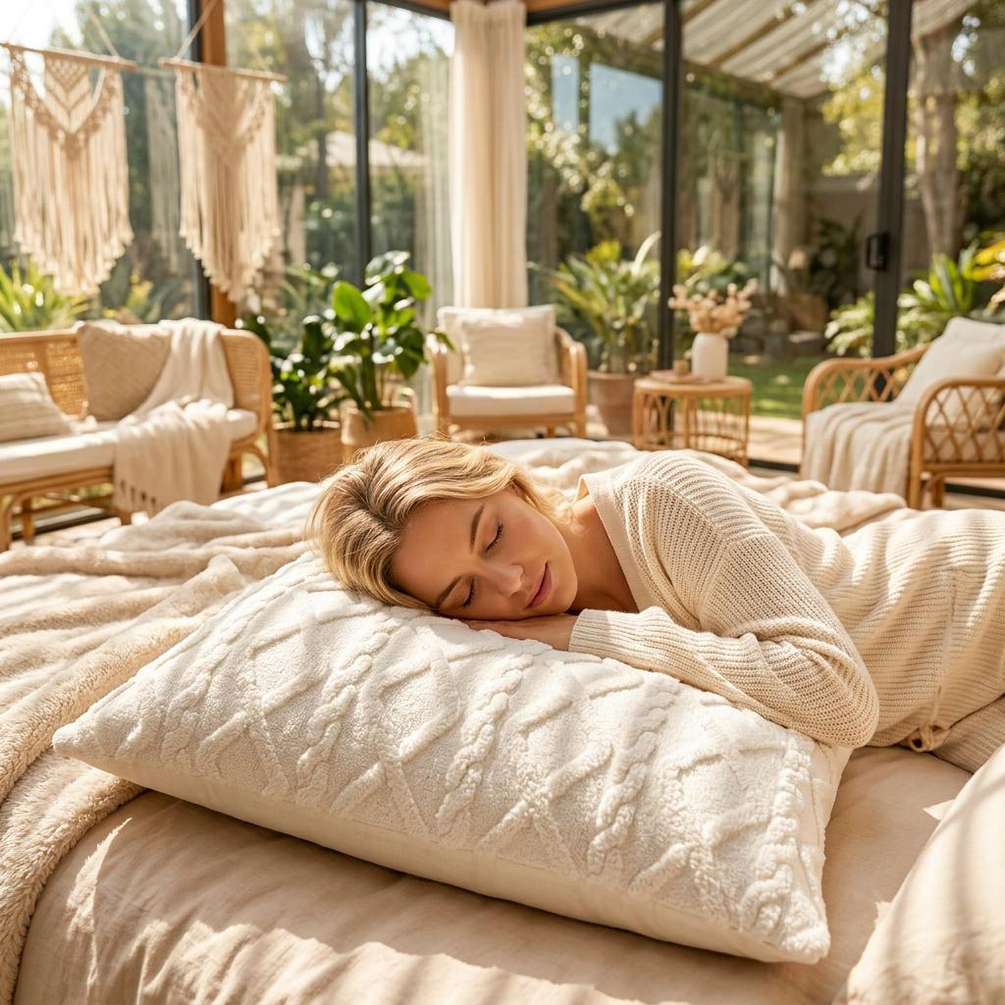 Blonde woman sleeping on a cream textured velvet pillowcase in a sunlit room.