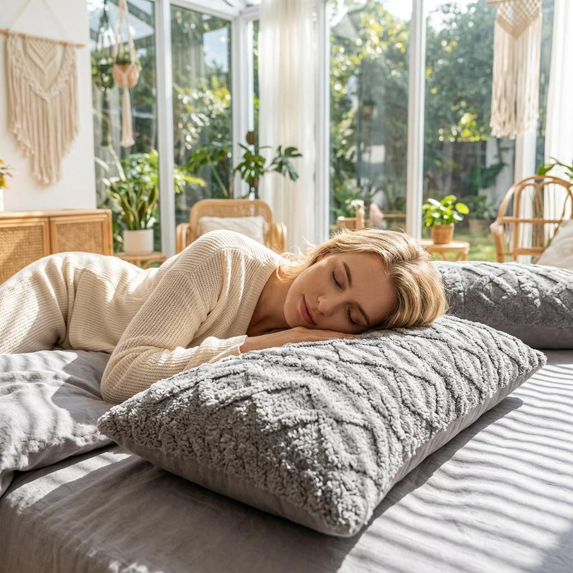 Blonde woman sleeping on a grey textured velvet pillowcase in a sunny room.