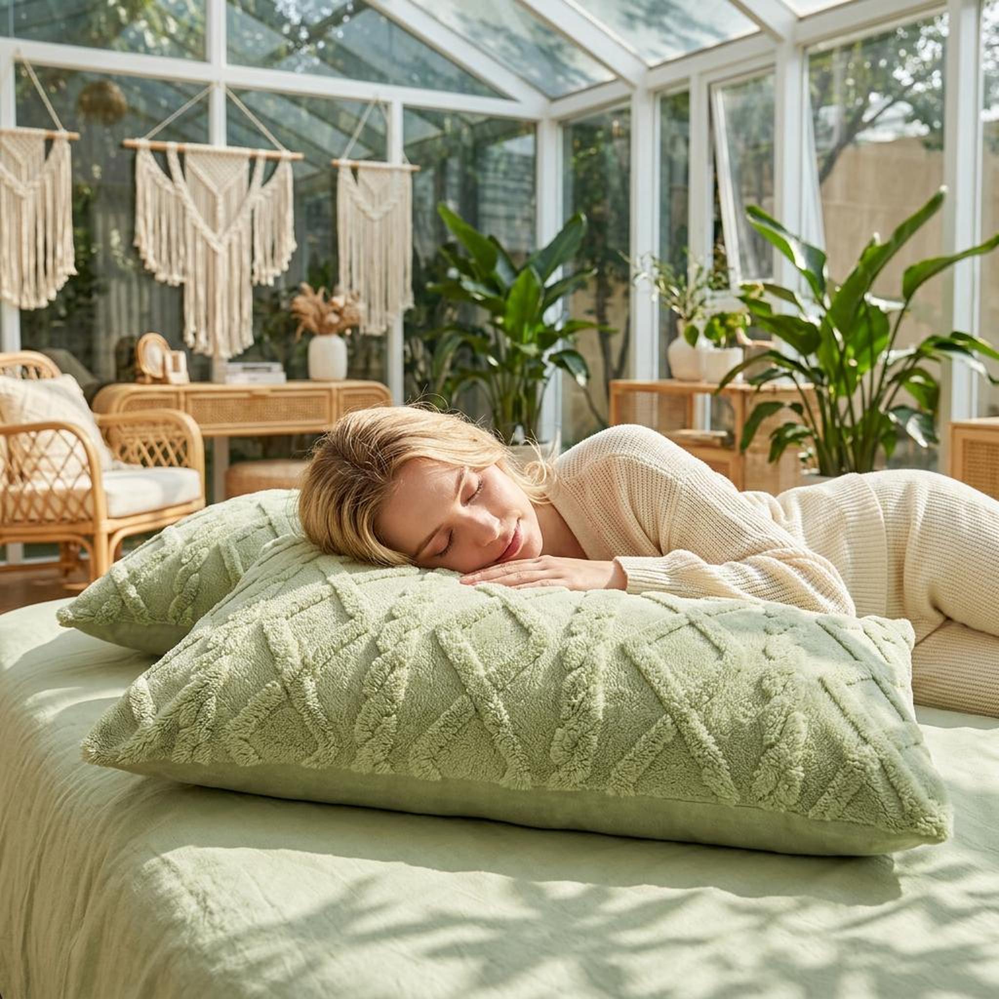 Blonde woman sleeping on two soft, textured sage green velvet pillowcases with a diamond pattern.