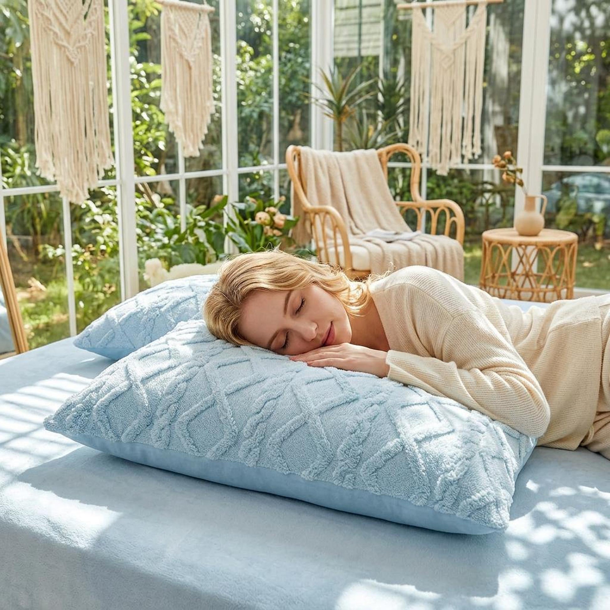 Woman sleeping peacefully on a soft, light blue textured velvet pillowcase.
