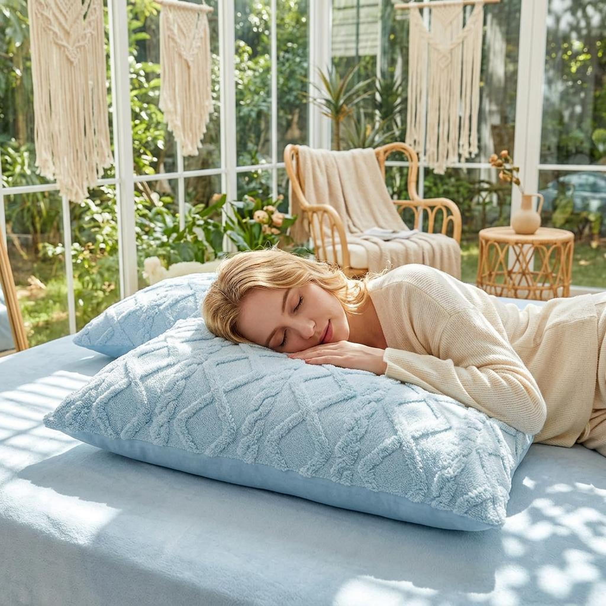 Woman sleeping peacefully on a soft, light blue textured velvet pillowcase.