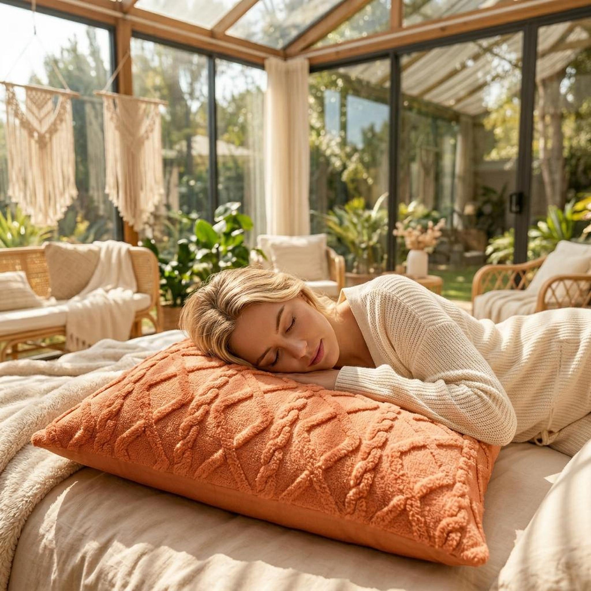 Woman sleeping on a soft, textured orange velvet pillowcase in a sunlit room.