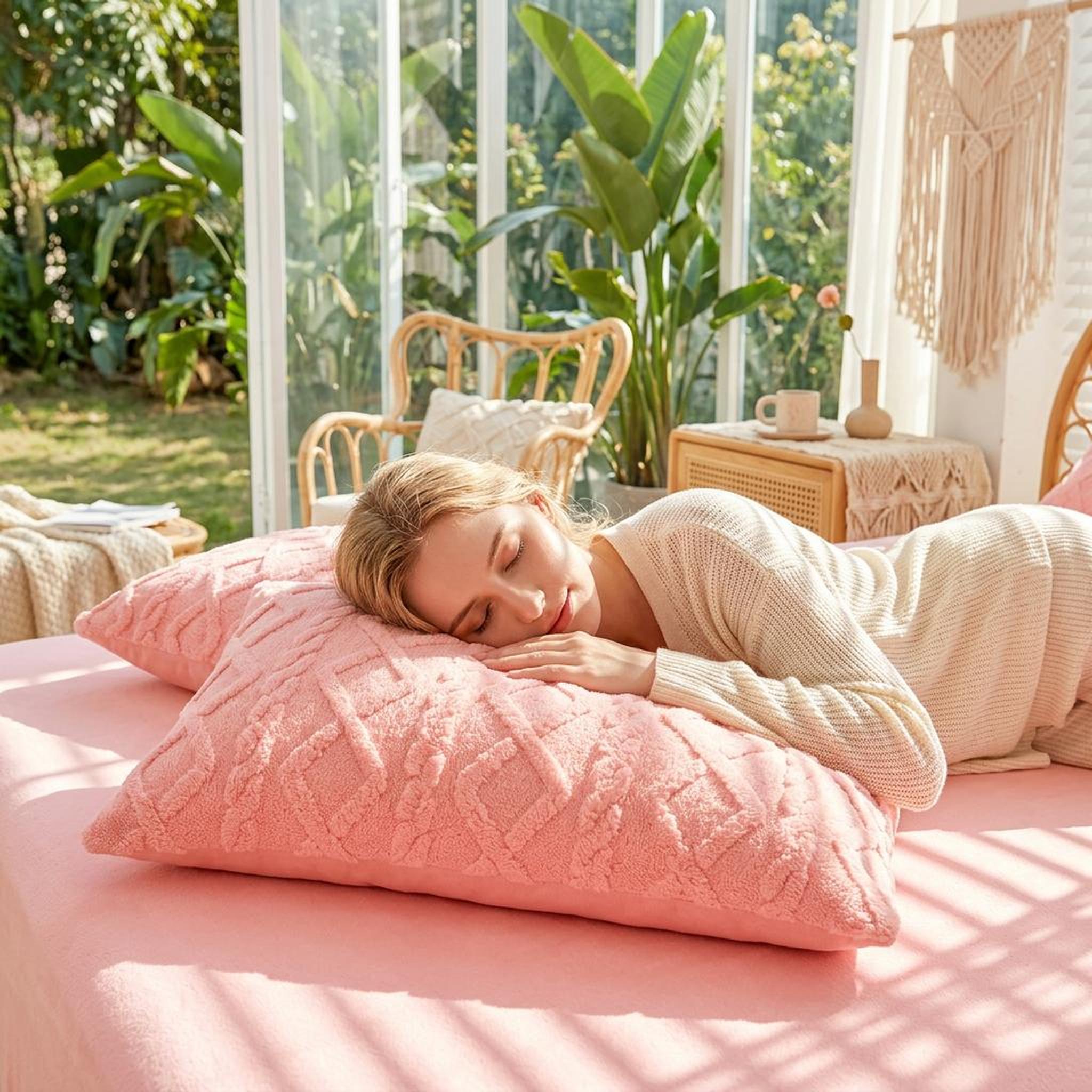 Woman sleeping on two pink textured velvet pillowcases in a bright, plant-filled room.