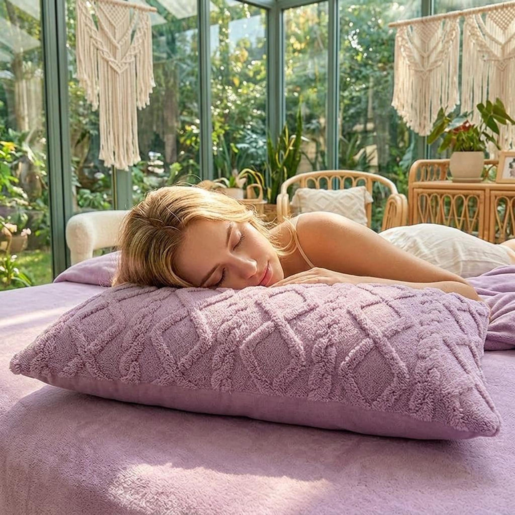 Ultra soft lavender velvet-like pillowcase with textured diamond pattern, on a bed with a sleeping woman.