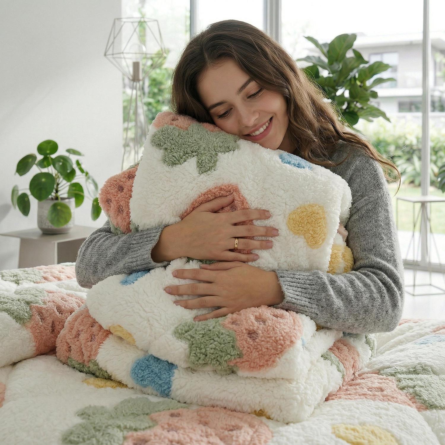 Plush, neutral-toned thickened winter quilt set with two pillowcases, perfect for cozy warmth and stylish bedroom decor.