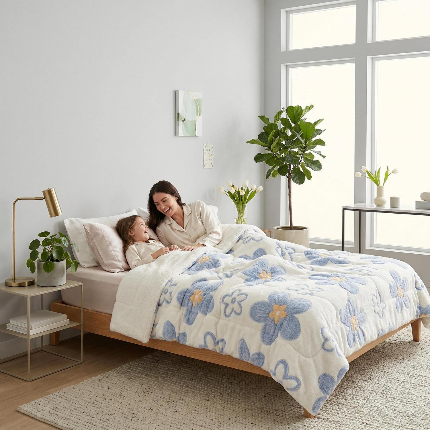 Blue flower patterned thickened winter quilt set with two pillowcases, made of soft polyester.
