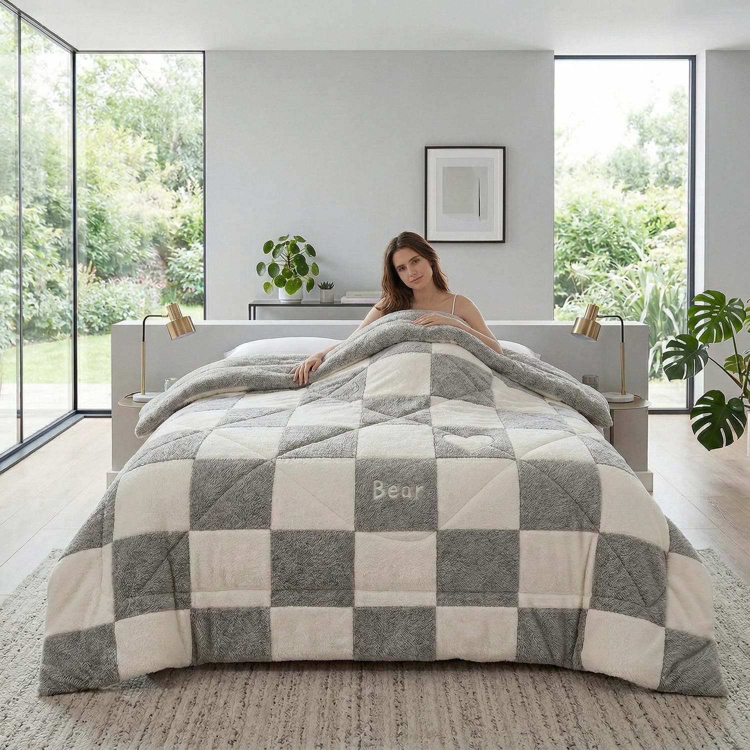 Grizzly bear print thickened winter quilt set in twin size, made of soft polyester.