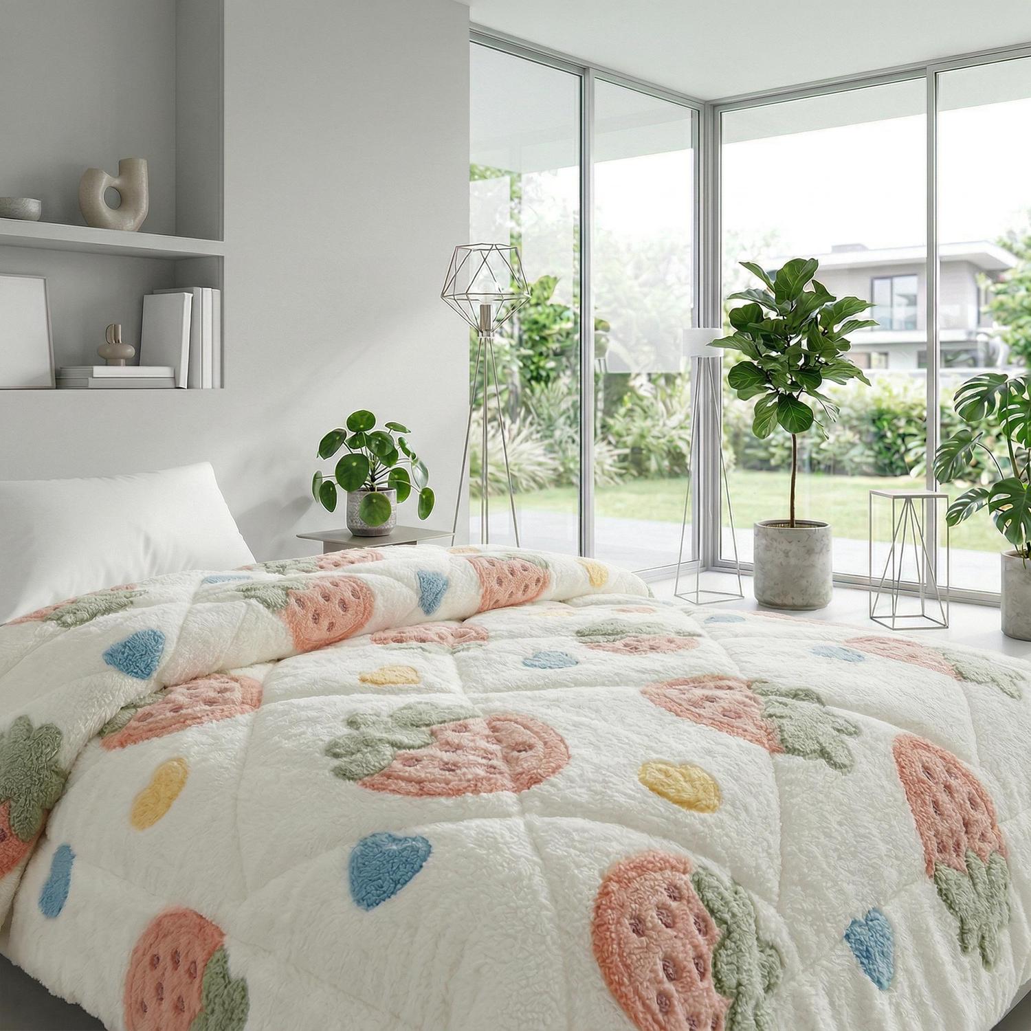 Strawberry pink thickened winter quilt set with two matching pillowcases on a bed.