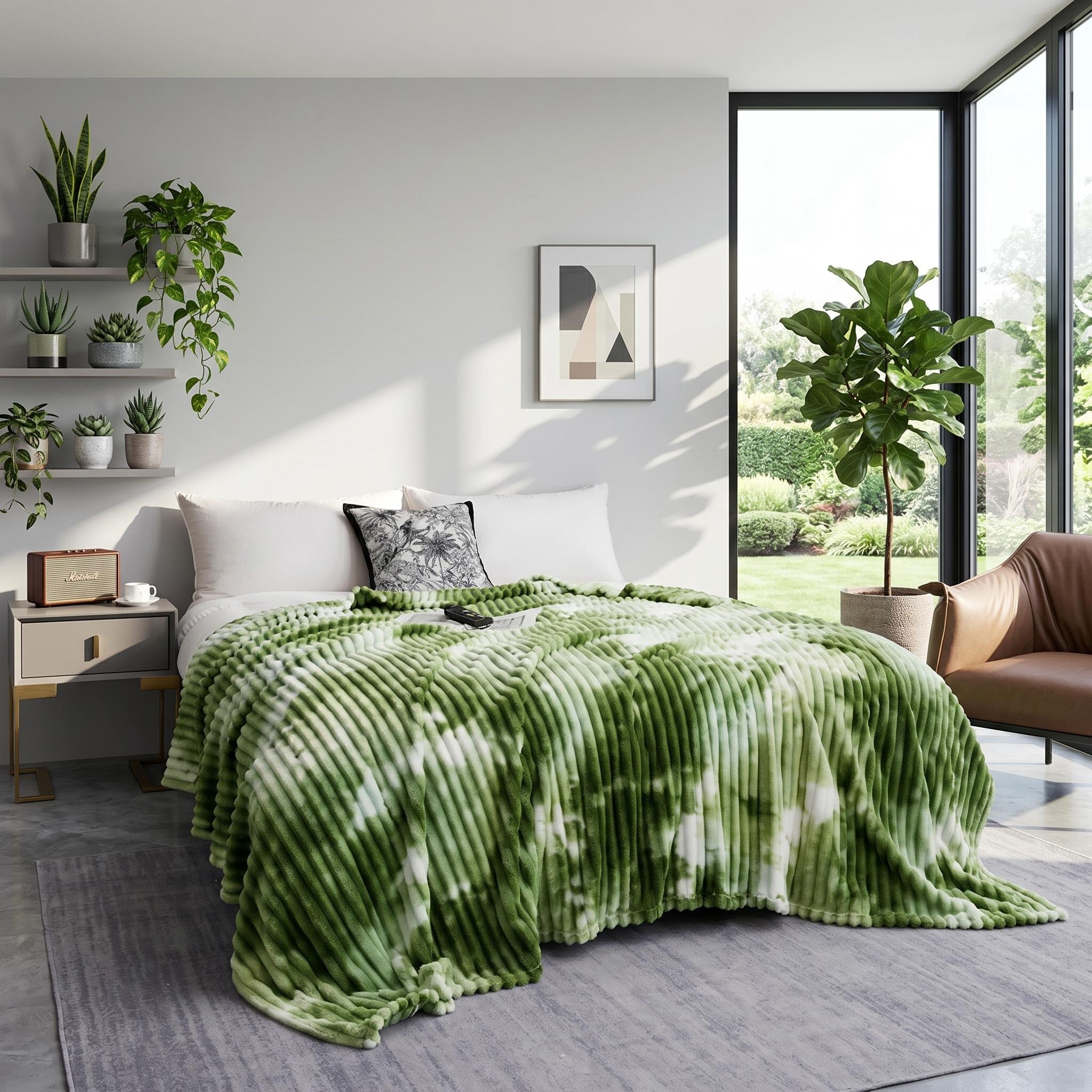 Green and white tie-dye flannel fleece blanket draped on a bed in a modern, plant-filled bedroom.