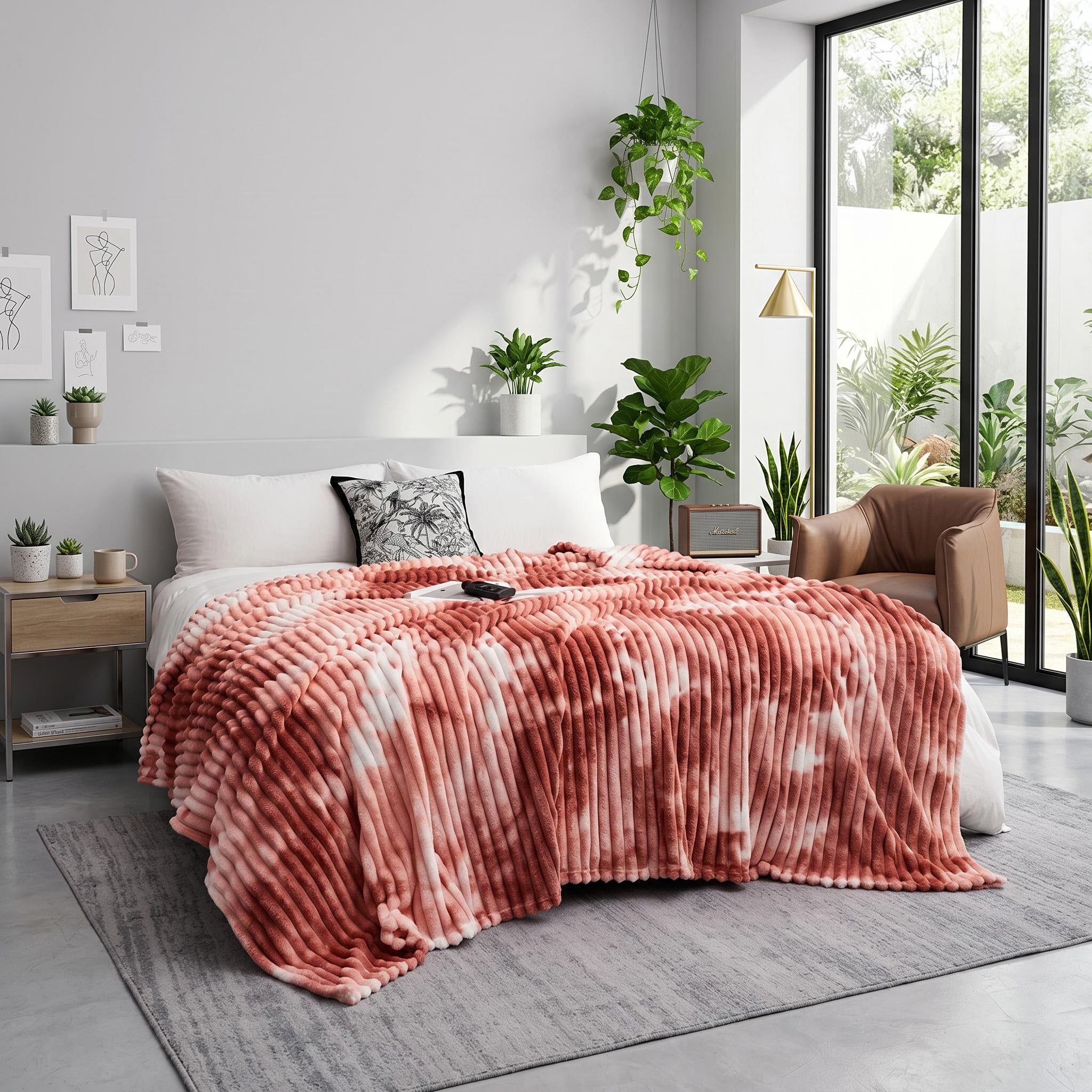 Soft, plush tie-dye flannel fleece blanket in shades of pink and white draped on a bed in a modern bedroom.