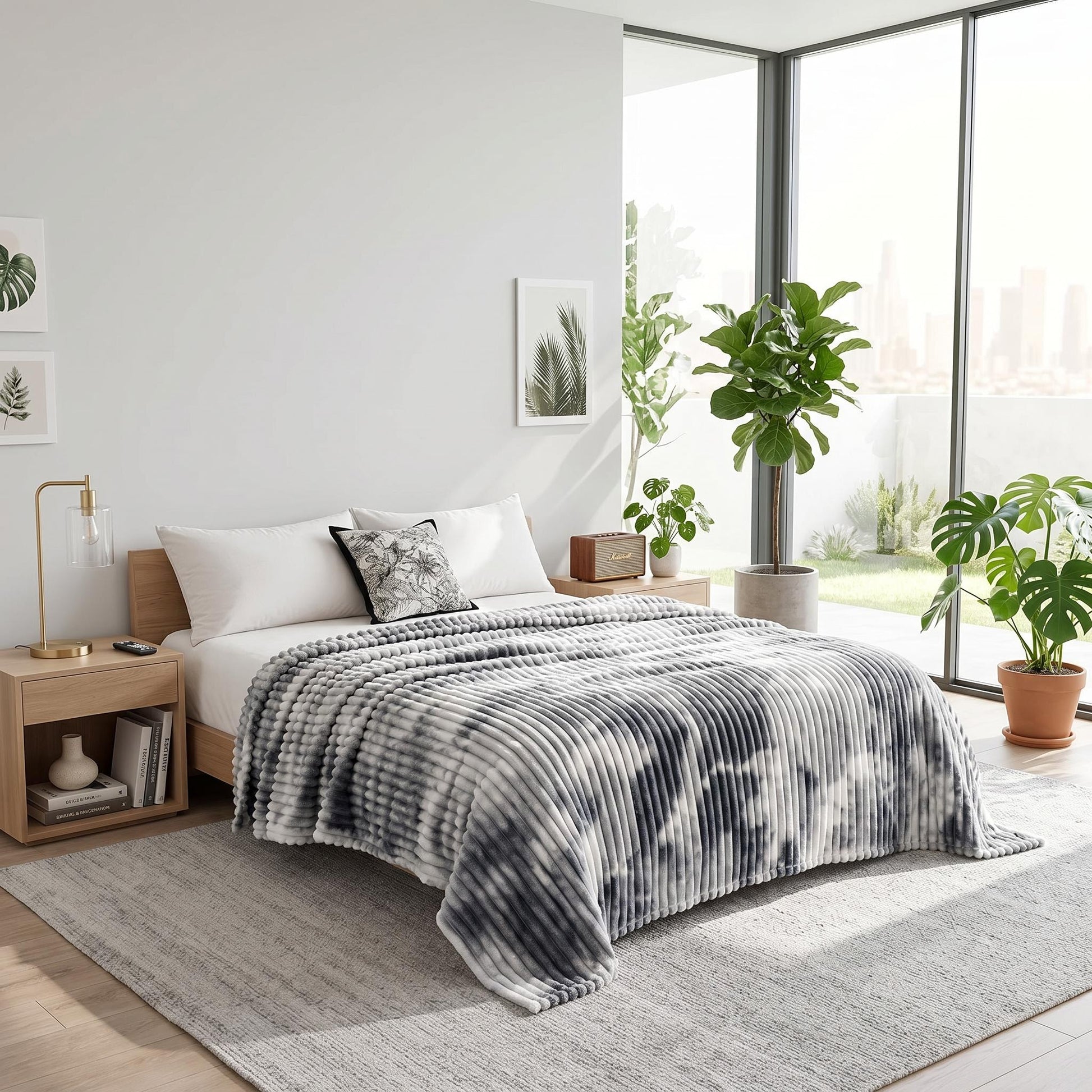 Tie-dye flannel fleece blanket in black and white with a ribbed texture, draped on a bed in a modern room.