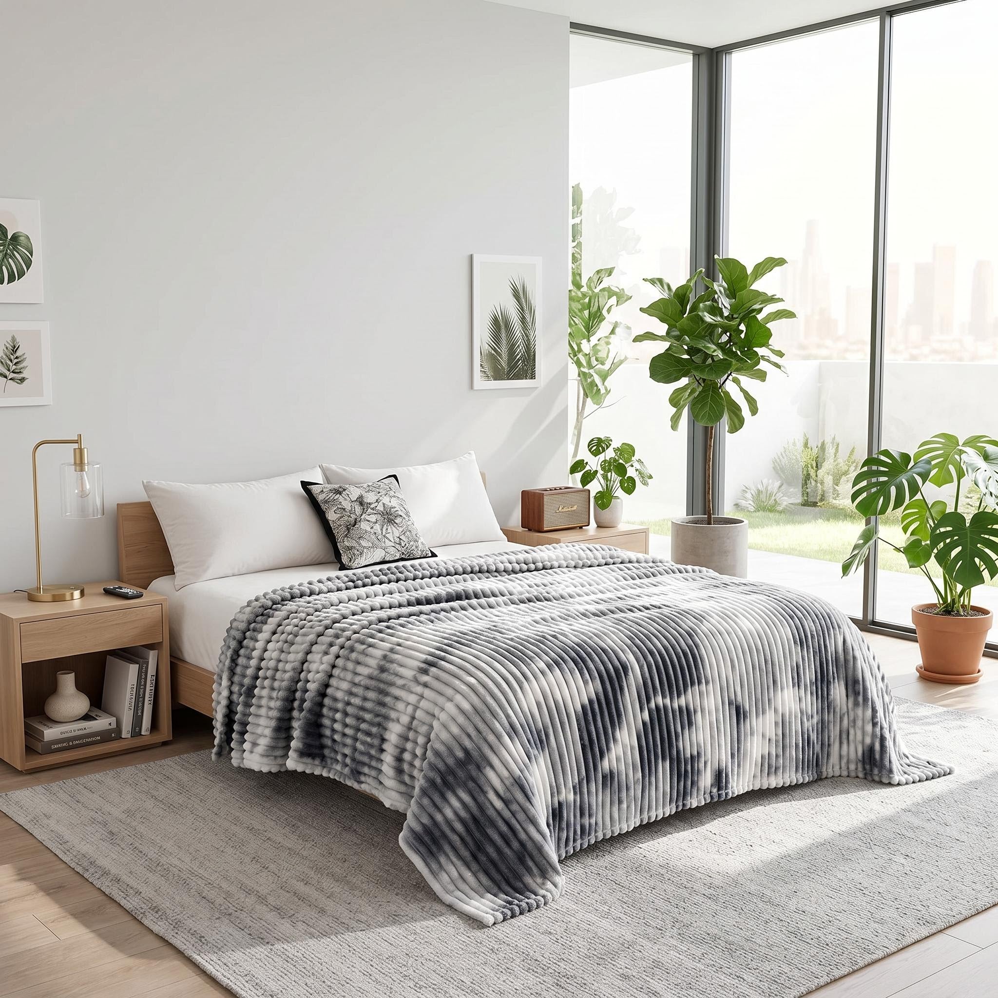 Tie-dye flannel fleece blanket in black and white with a ribbed texture, draped on a bed in a modern room.