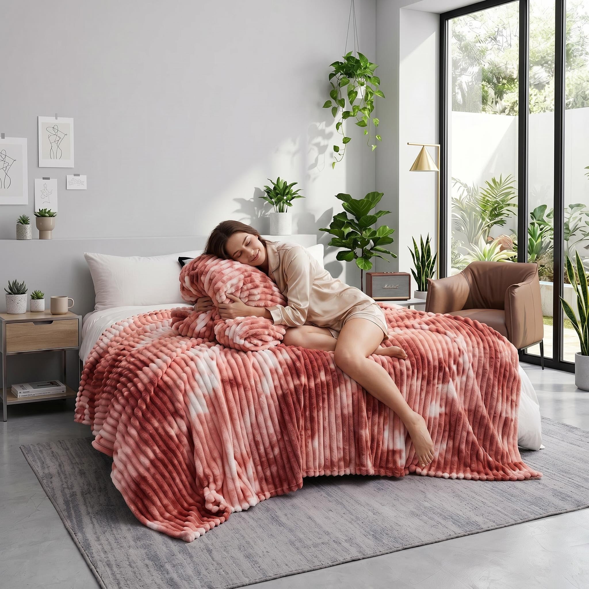 Woman relaxing on a bed with a soft, reversible red and white tie-dye flannel fleece blanket.