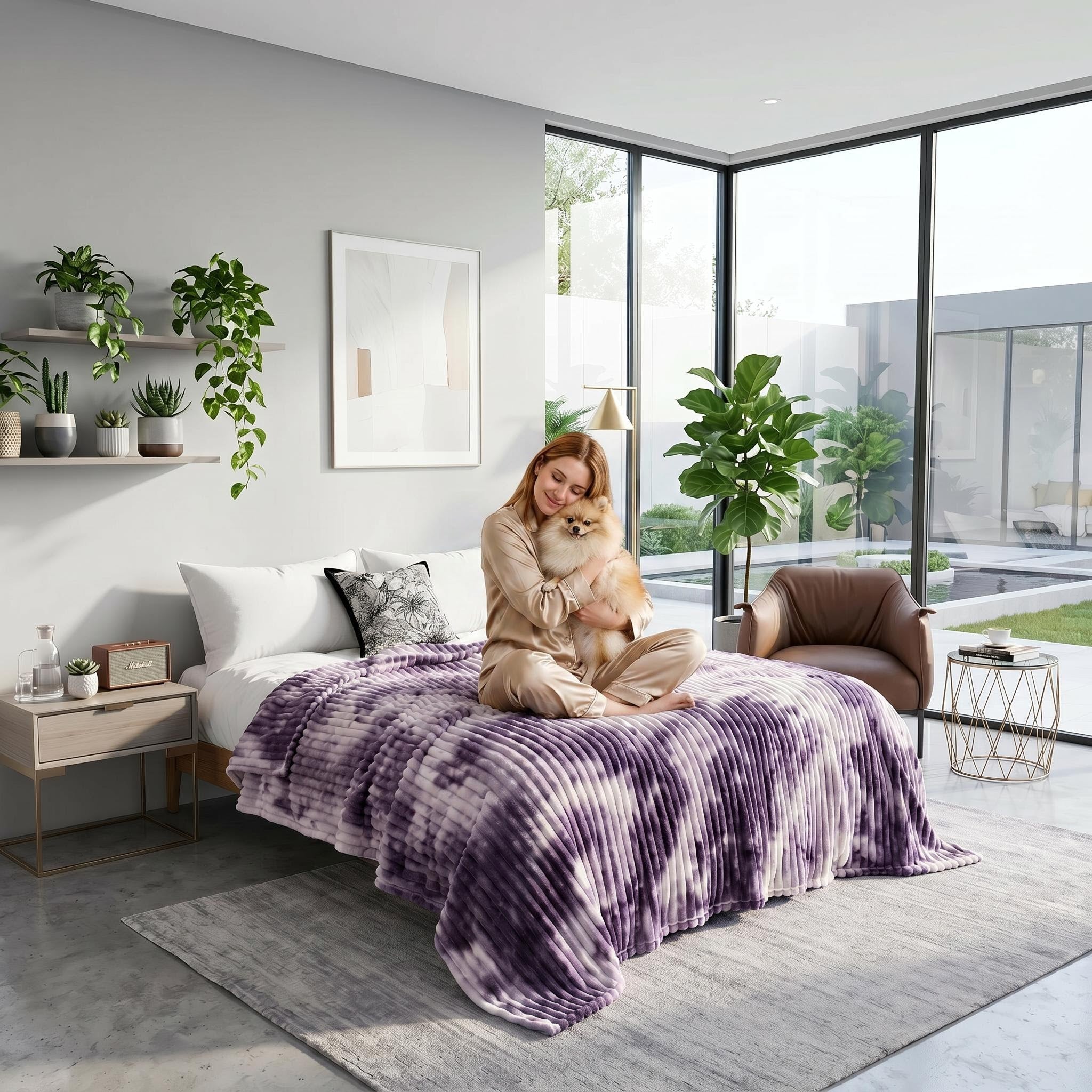 Woman in pajamas cuddling a dog on a purple and white tie-dye flannel fleece blanket in a modern bedroom.