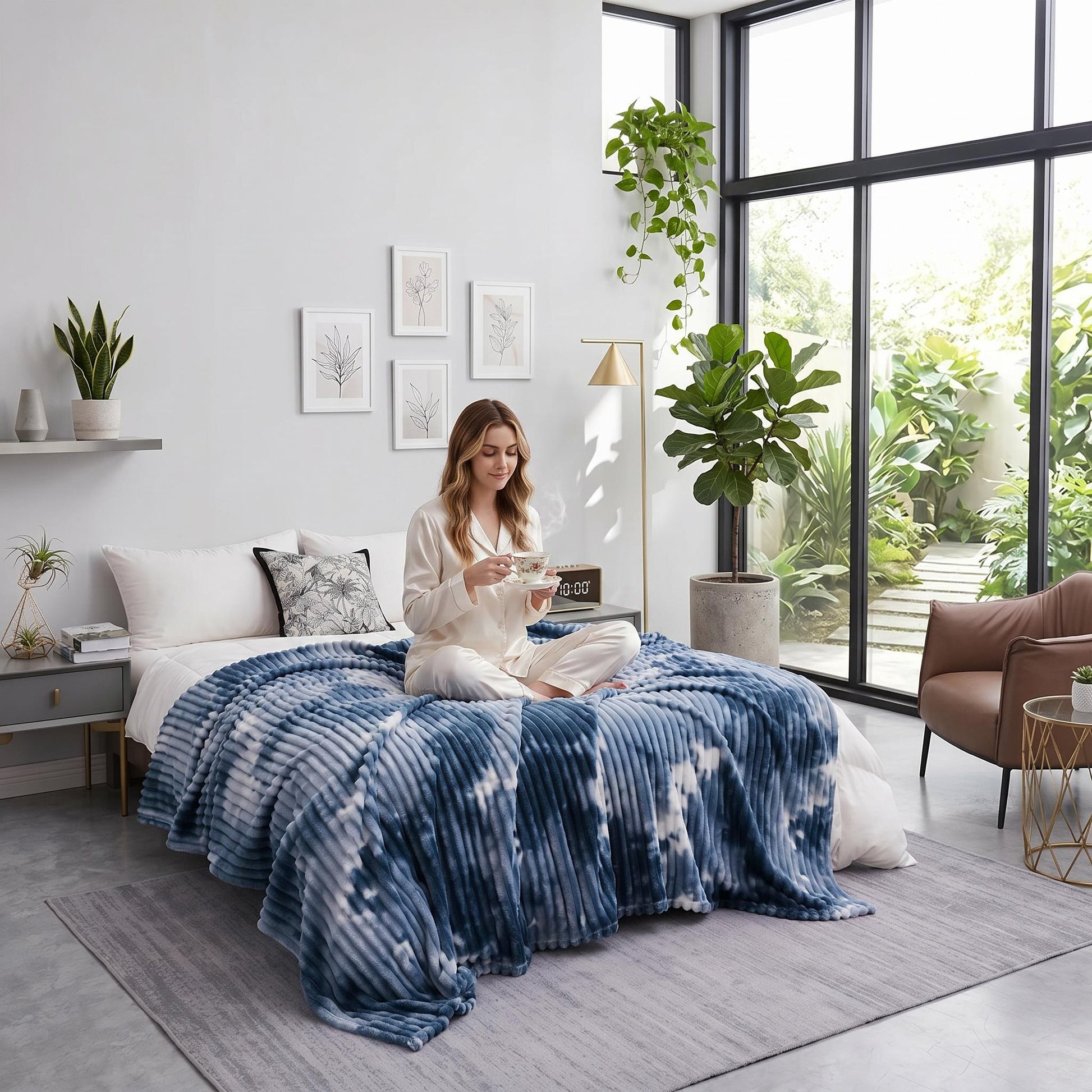 Woman on bed with a blue and white tie-dye flannel fleece blanket, holding a cup.