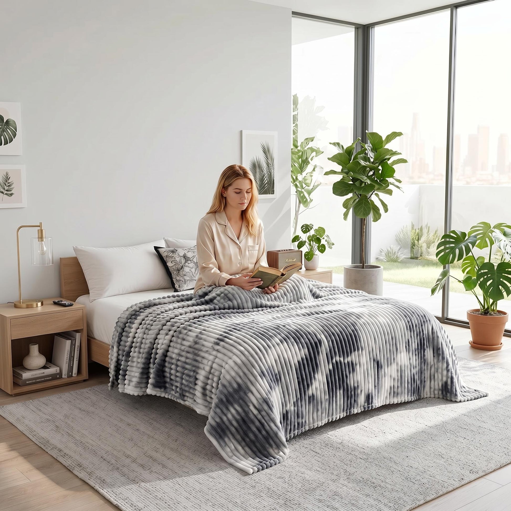Woman reading in bed with a soft, reversible gray and white tie-dye flannel fleece blanket.