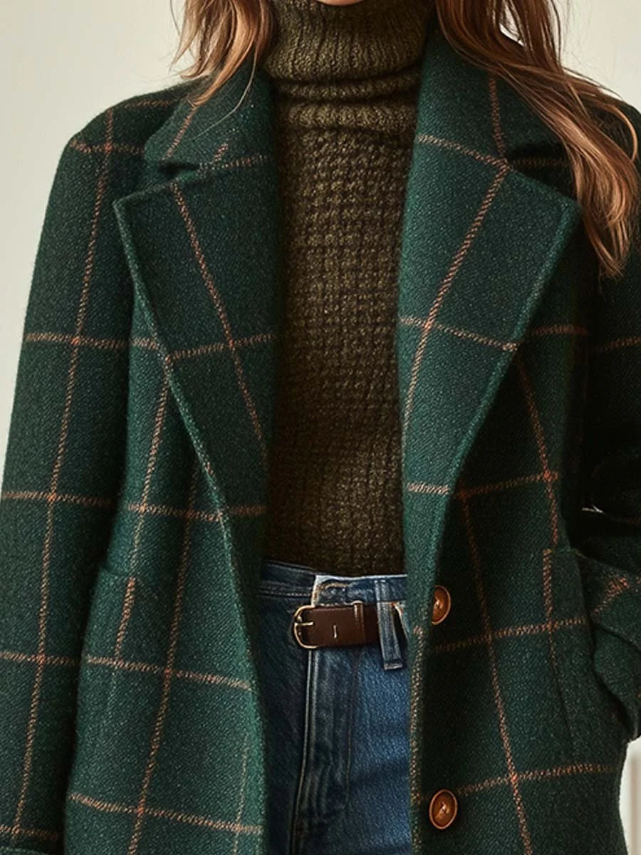 Timeless Check Wool Coat for Women with Wide Collar 1