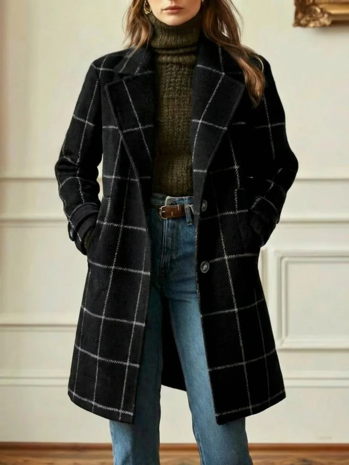 Timeless Check Wool Coat for Women with Wide Collar 5