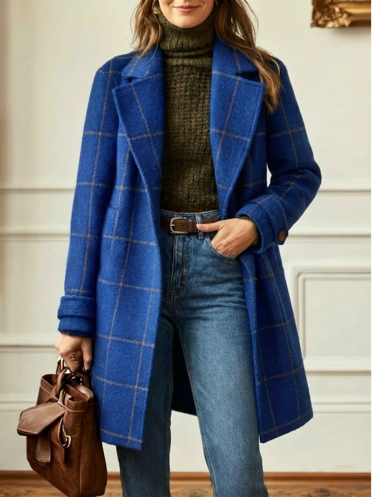 Timeless Check Wool Coat for Women with Wide Collar 4