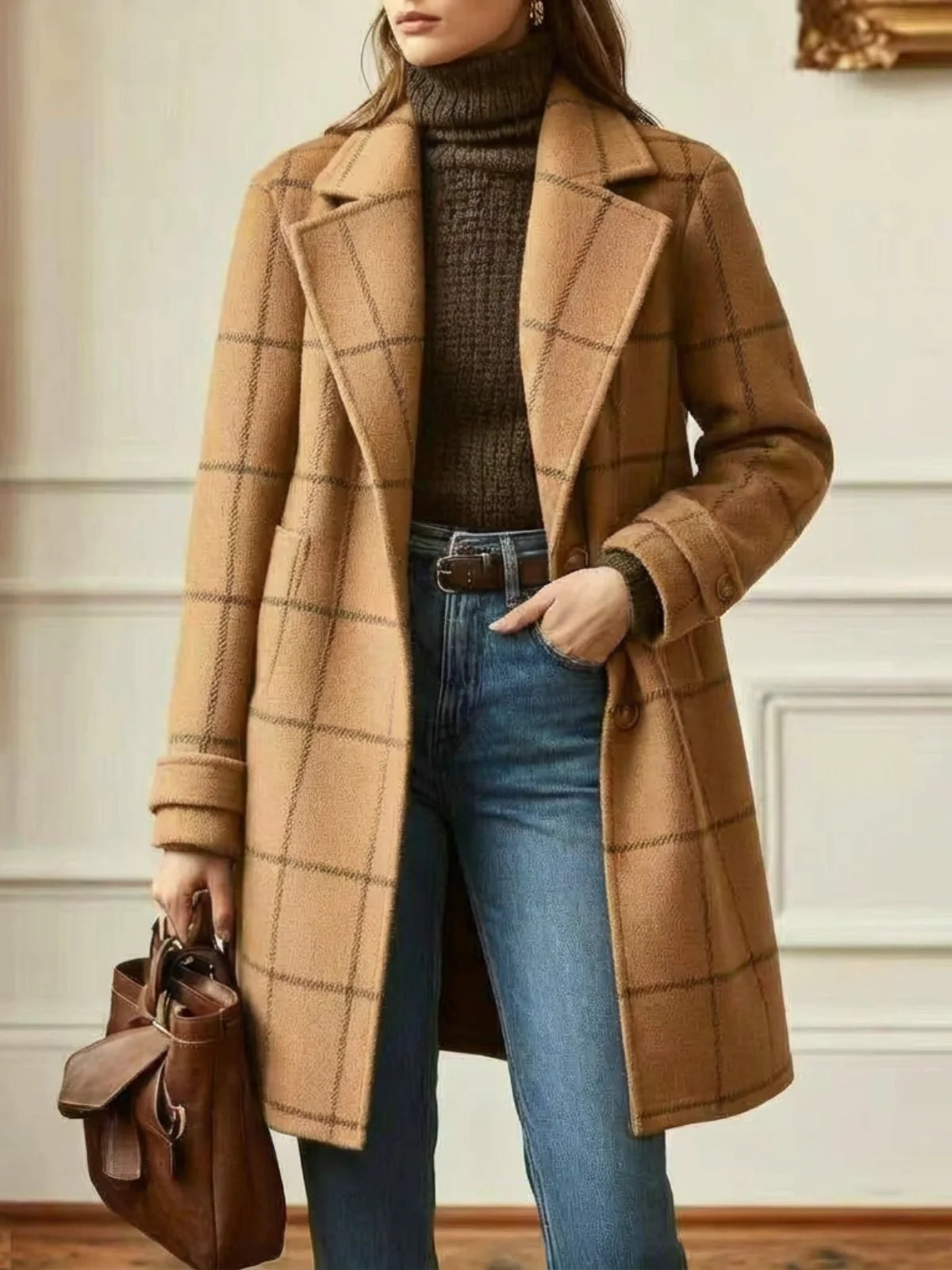 Timeless Check Wool Coat for Women with Wide Collar 6