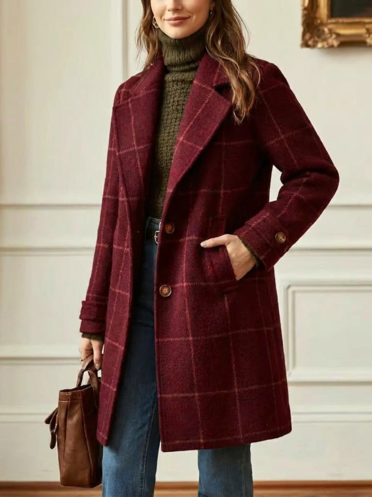Timeless Check Wool Coat for Women with Wide Collar 3