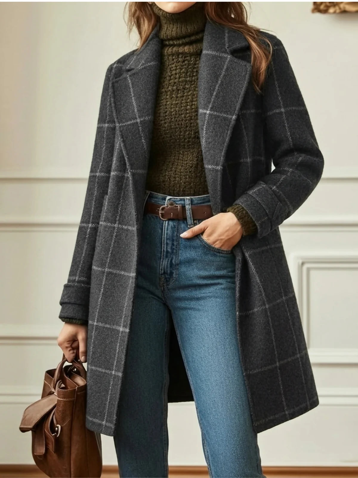 Timeless Check Wool Coat for Women with Wide Collar 2