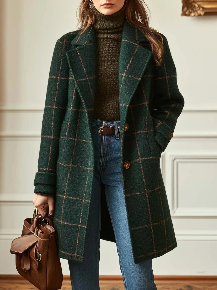 Timeless Check Wool Coat for Women with Wide Collar 0