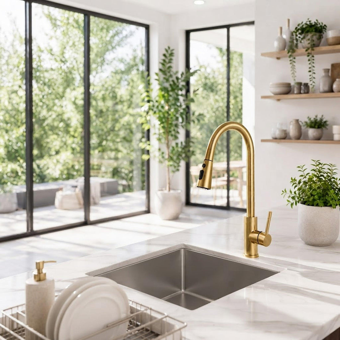 Woman using a brushed gold touch-activated kitchen faucet with a pull-out sprayer to wash a plate in a modern kitchen.