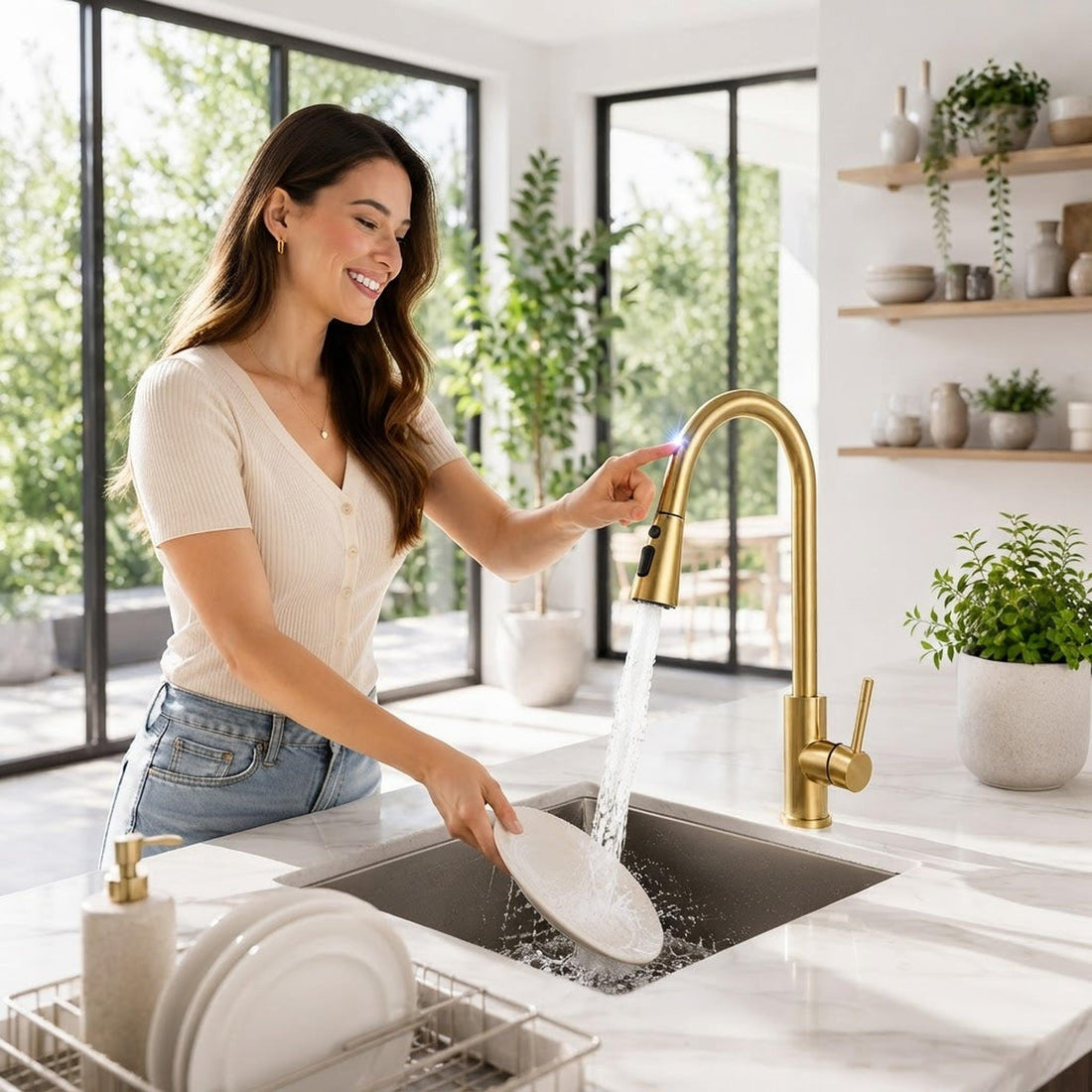 Woman using a brushed gold touch-activated kitchen faucet with a pull-out sprayer to wash a plate in a modern kitchen.