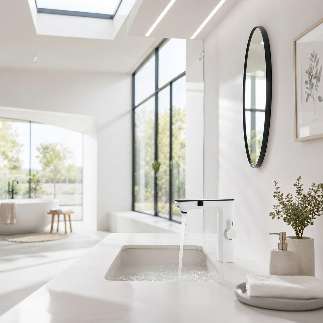 Modern white touch sensor bathroom faucet with LED temperature display in a bright, contemporary bathroom setting.