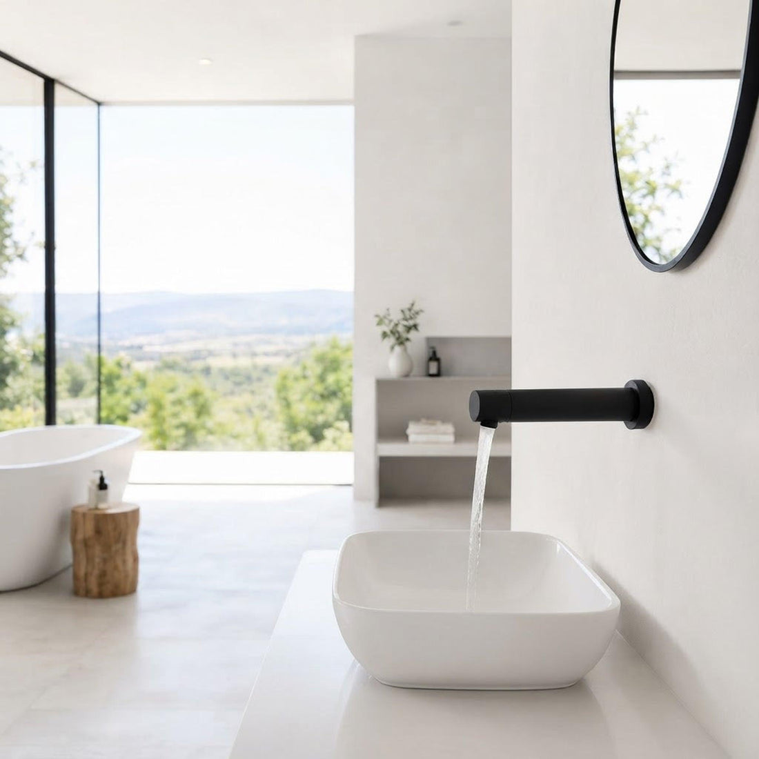 Matte black minimalist wall-mount touch sensor faucet over a white vessel sink in a modern bathroom.