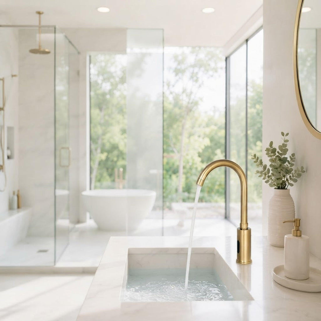 Woman washing hands under a modern brushed gold touchless motion sensor bathroom faucet in a bright, elegant vanity.