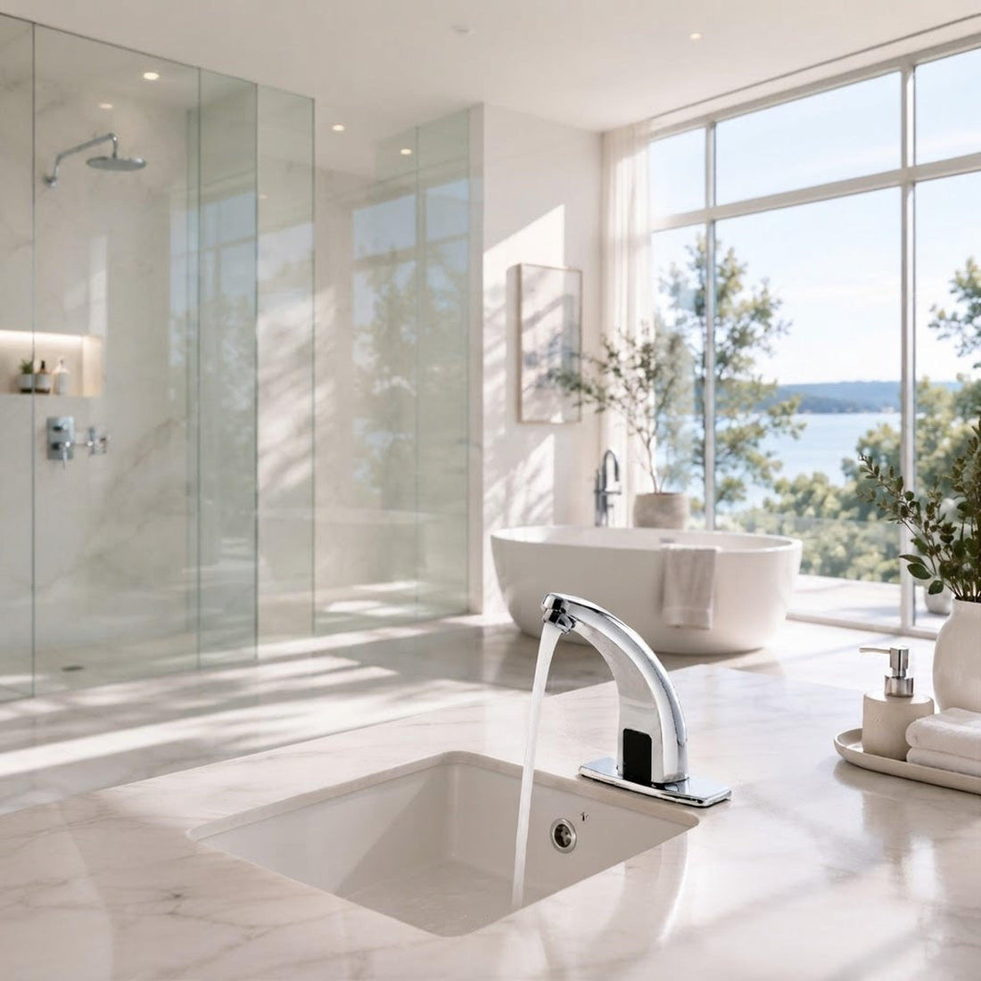 Modern touchless copper bathroom faucet with infrared sensor, providing hands-free water flow in a sleek, compact design.
