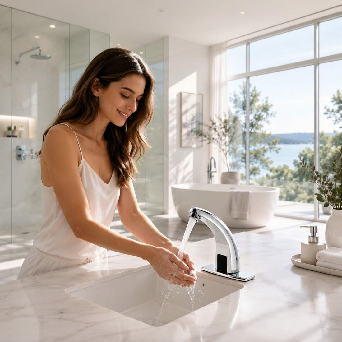 Modern touchless copper bathroom faucet with infrared sensor, providing hands-free water flow in a sleek, compact design.