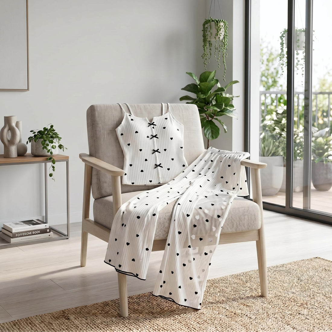 Woman wearing a beige, heart-print transparent mesh lace pajama set with spaghetti straps and matching long pants.
