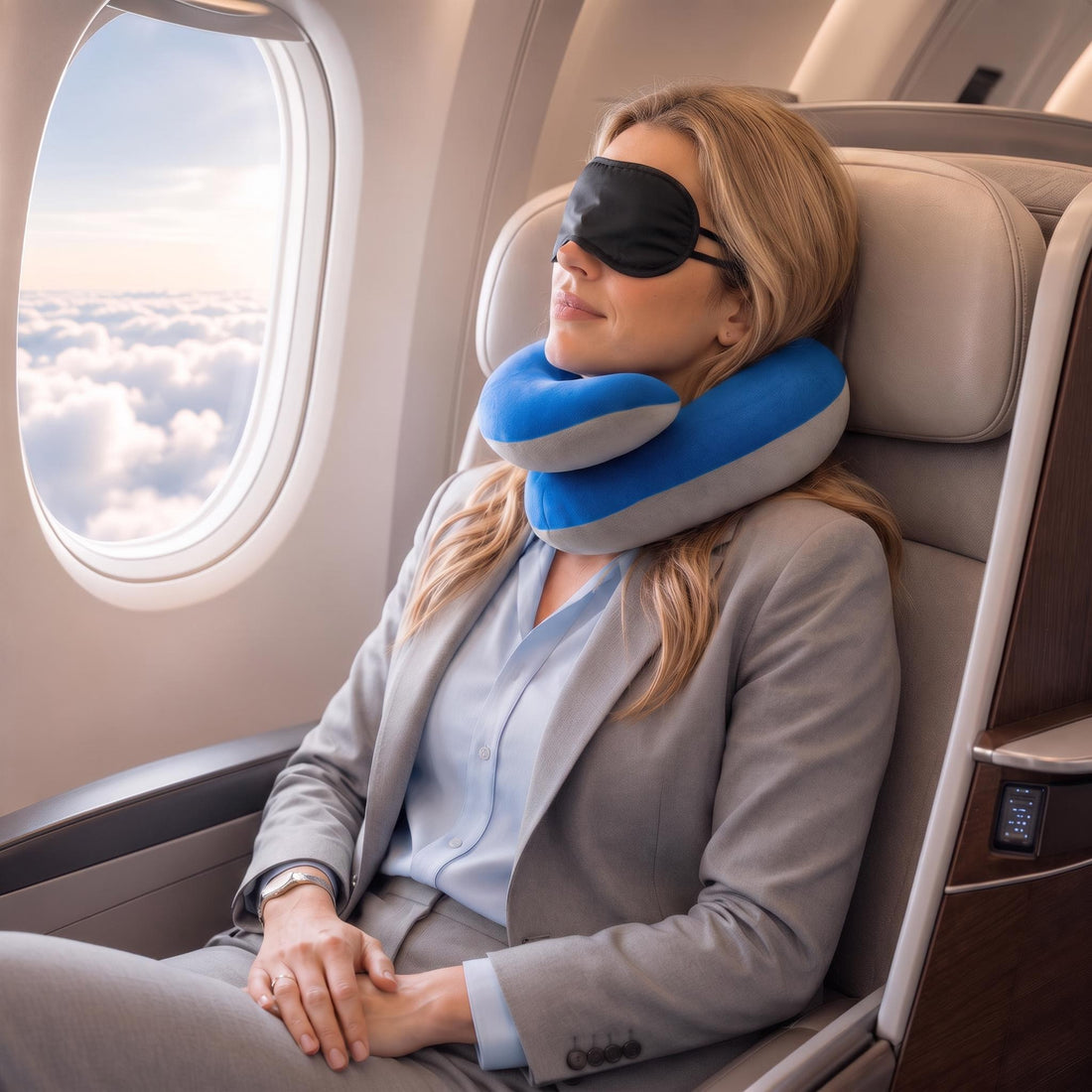 Woman wearing a blue and grey ergonomic travel neck pillow and black sleep mask while resting in an airplane seat.