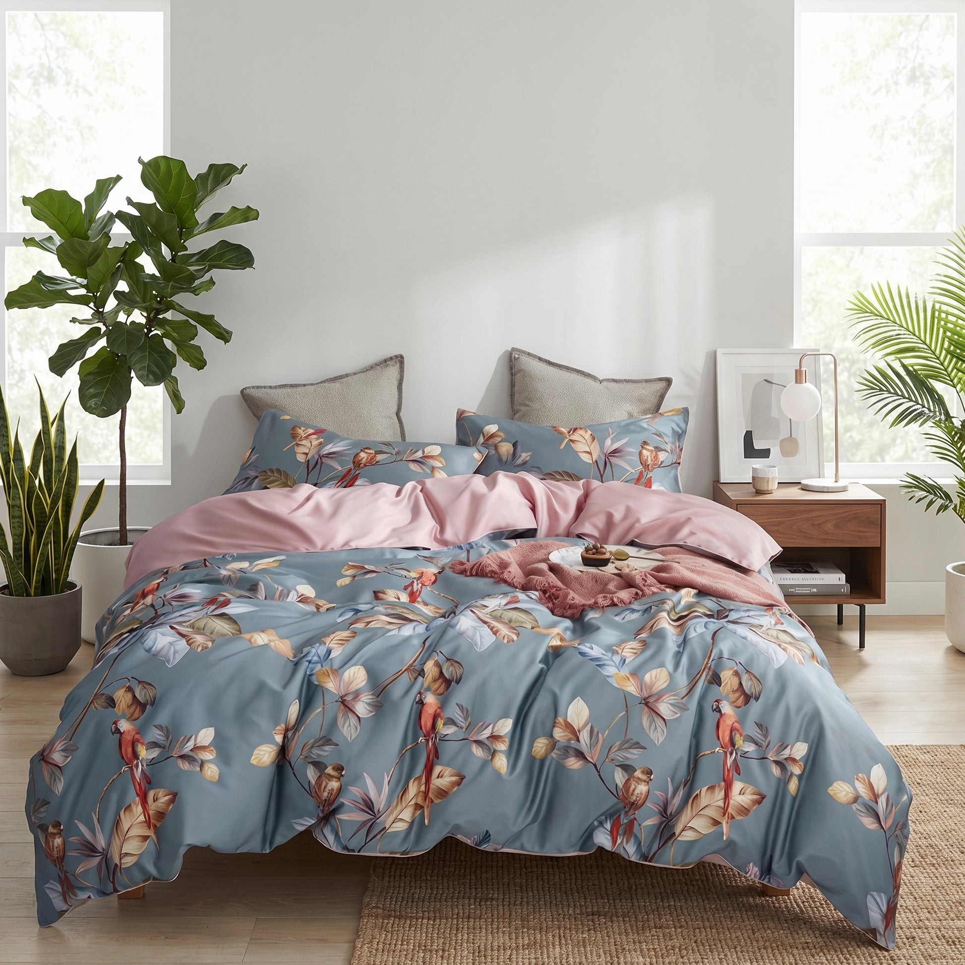Tropical Parrots Bedding Set: microfiber duvet cover with vibrant parrot and leaf print on blue-grey, dusty pink reverse.