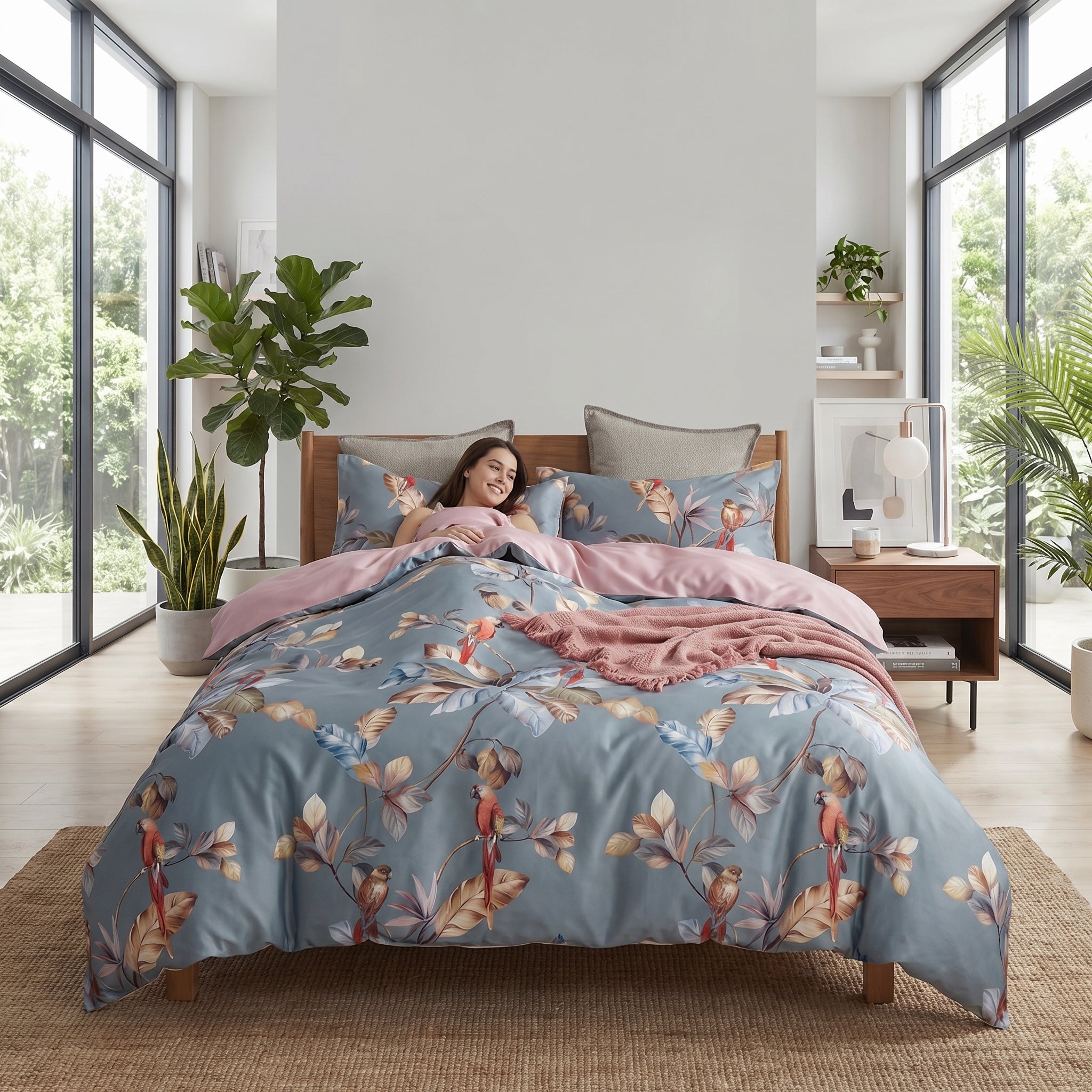 Tropical Parrots Bedding Set with vibrant parrots and warm leaves on a blue-grey microfiber duvet, reversible to dusty pink.