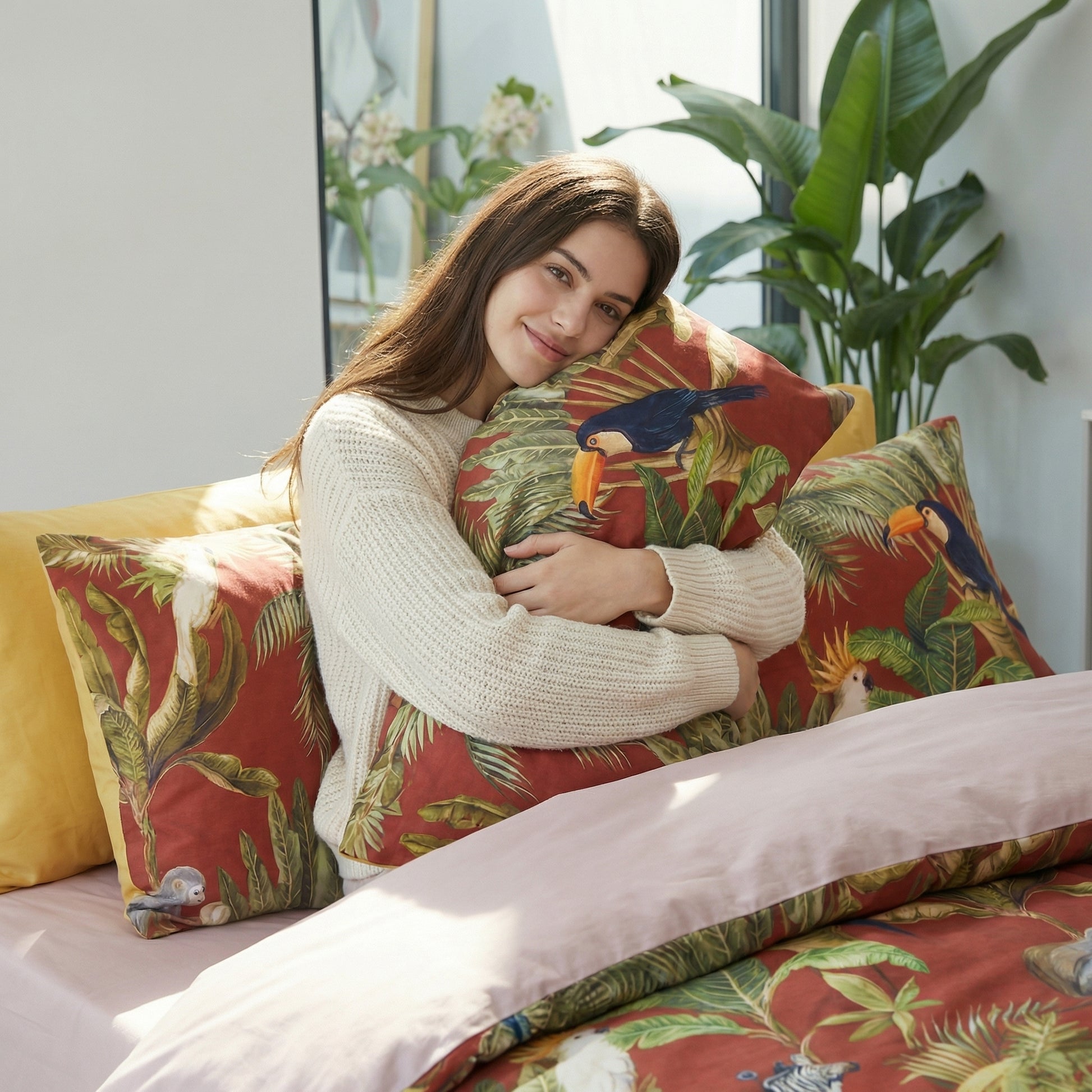 Smiling woman hugging a red Tucano bedding pillow with tropical foliage and toucan motifs.