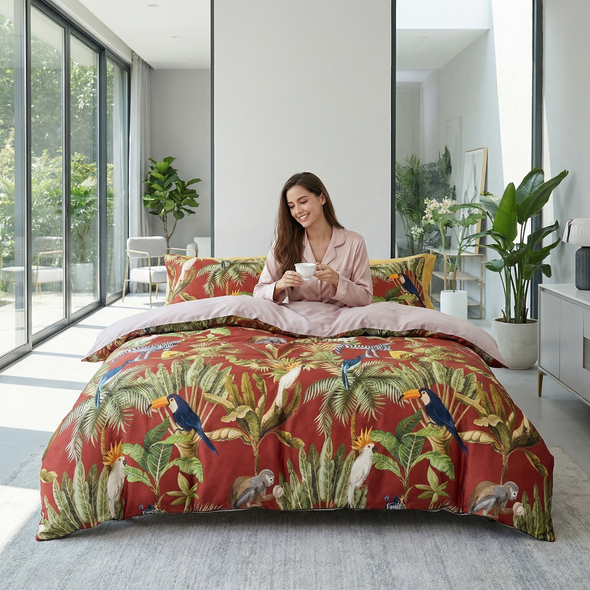 Tucano Red Egyptian cotton bedding set with toucans and foliage, on a bed with a woman.